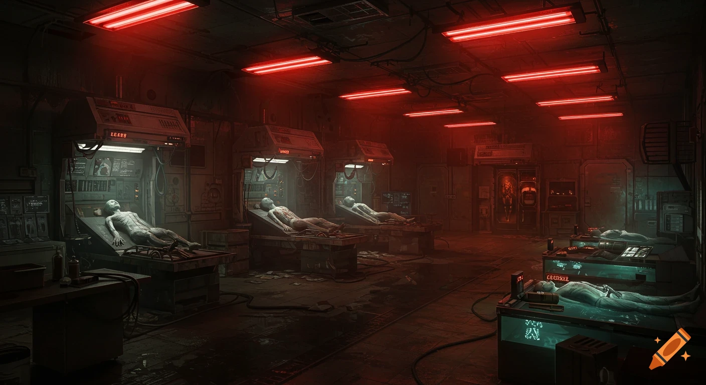 A dimly lit, red-hued cyberpunk lab with several skeletal androids lying on hospital beds, some in glowing liquid tanks, amidst wires and machinery.