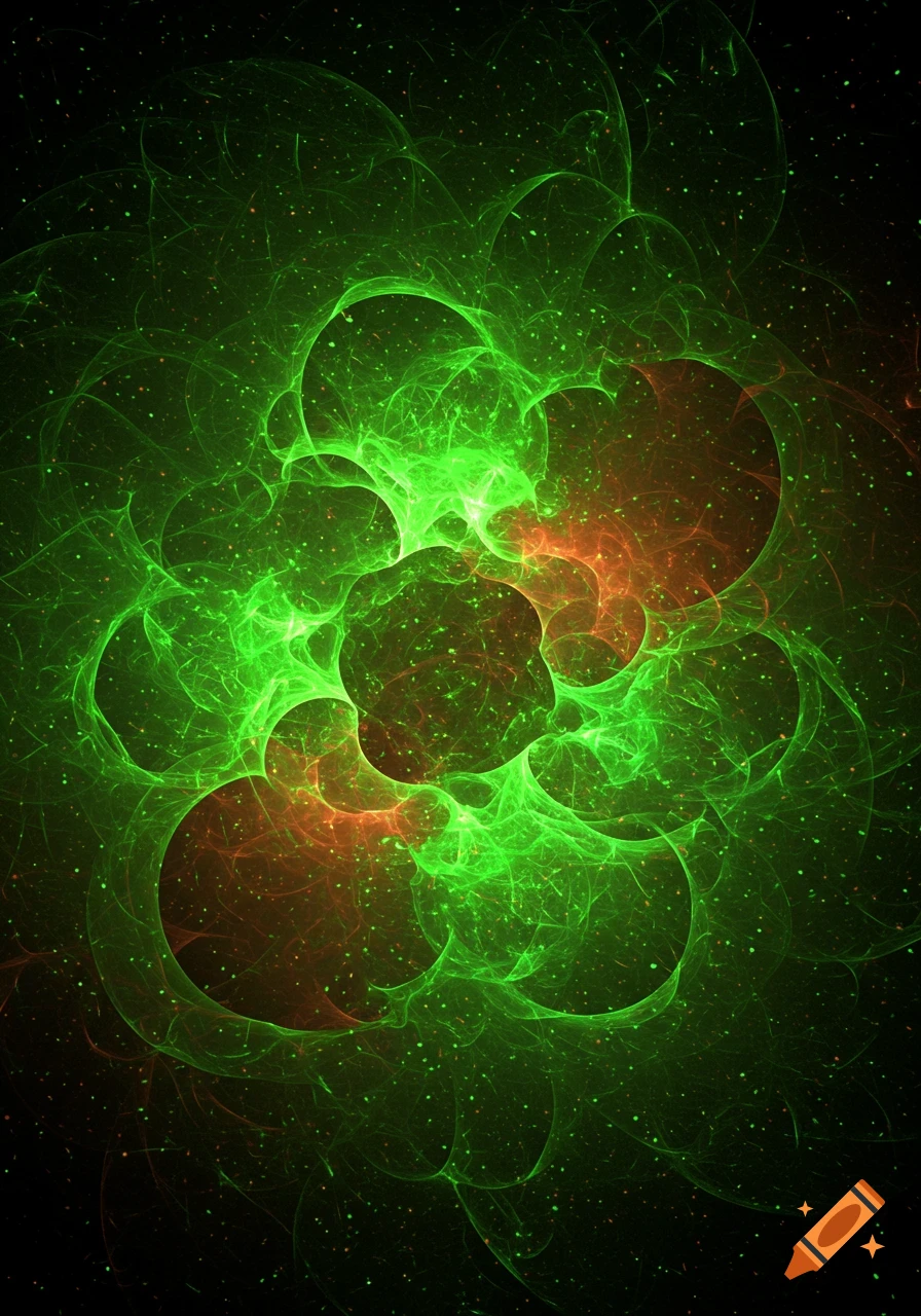 Vibrant green glowing abstract shapes and lines, with hints of orange-brown, against a dark, star-like background.