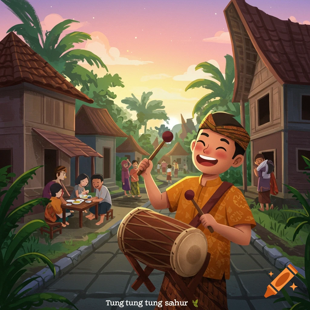 A happy boy in traditional attire plays a drum in a village street at sunrise, with other villagers eating nearby.