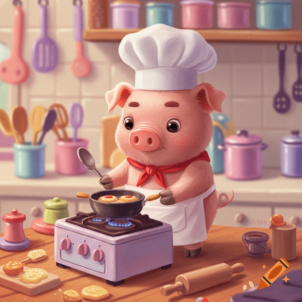 A cute cartoon piglet in a chef's hat and apron cooking on a stove in a brightly colored kitchen.
