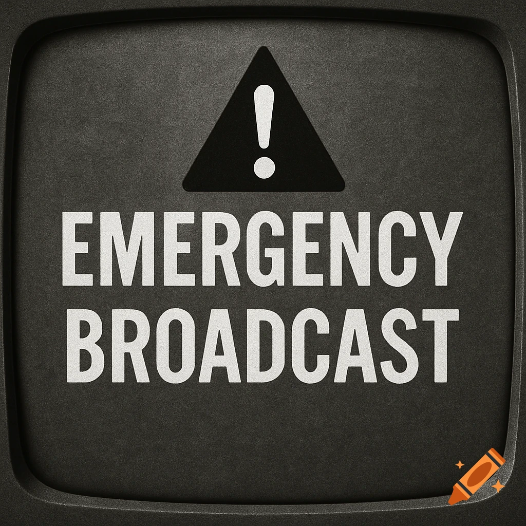A vintage TV screen displays a warning triangle and the words 'EMERGENCY BROADCAST' in white text on a dark grey background.