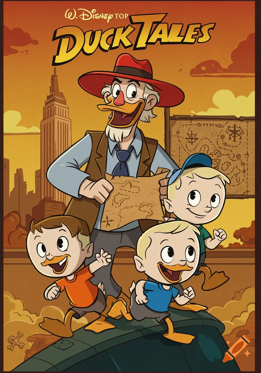 A cartoon poster resembling DuckTales, featuring a smiling older duck-man holding a map with three running duck-children in front of a city skyline.