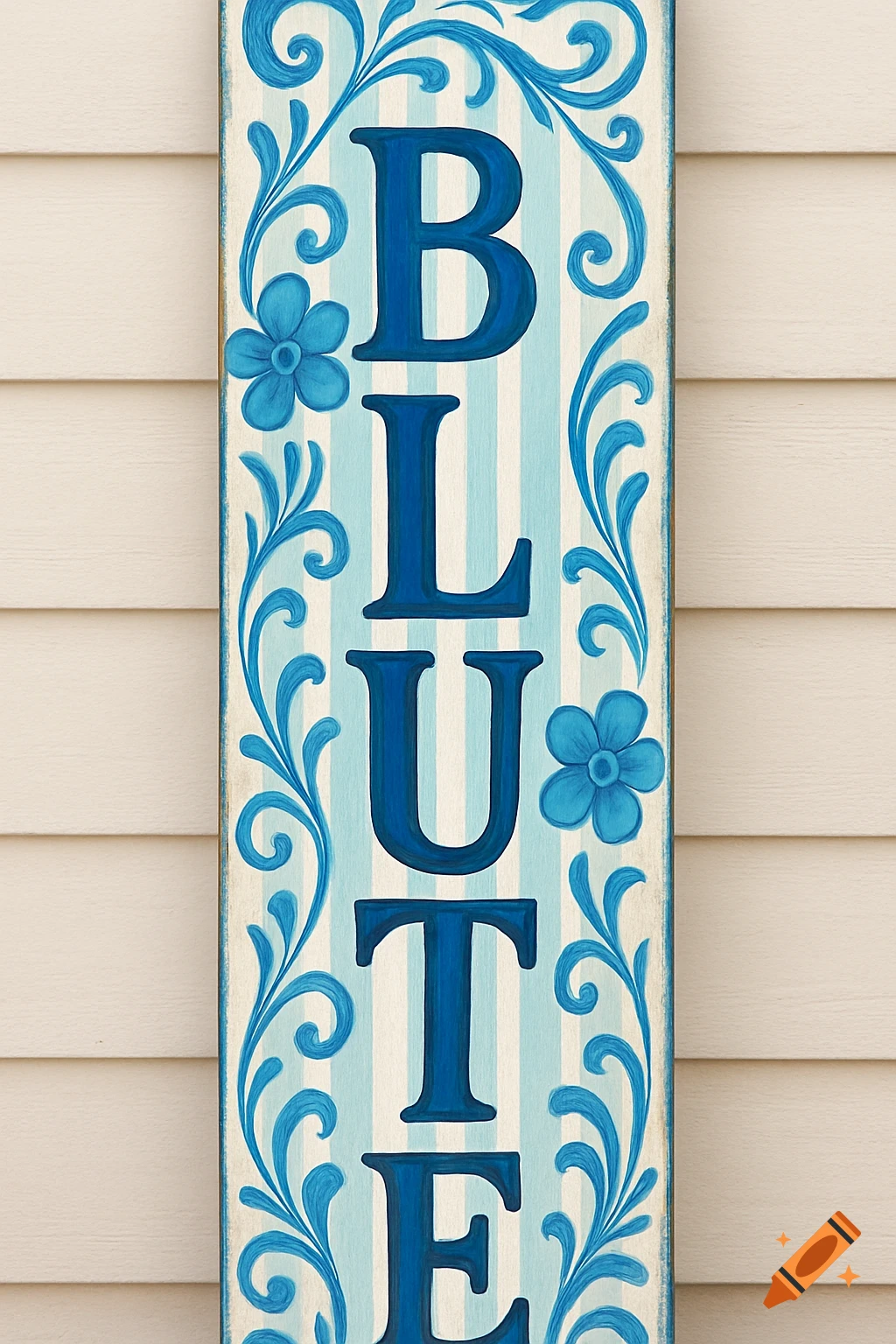 A vertical wooden sign painted in shades of blue and white, featuring the word "BLUTE" in bold blue letters, framed by decorative blue floral swirls, against a white siding wall.