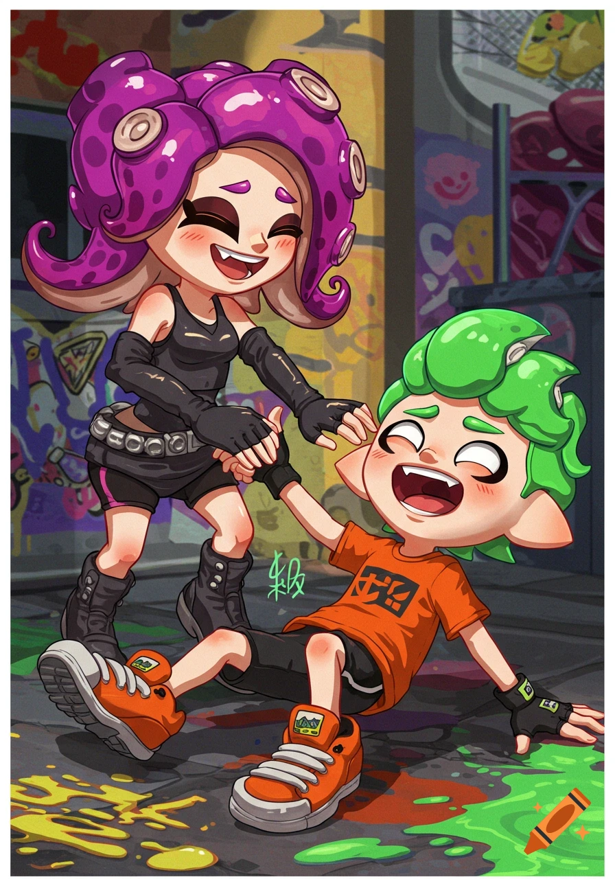 Purple Octoling girl helps a green Inkling boy up from ink splashes in a vibrant, urban cartoon scene as both laugh.