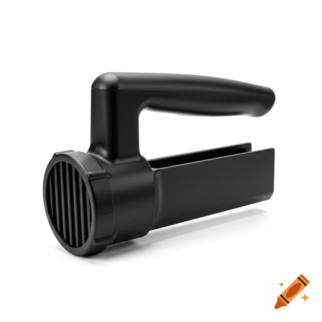Black plastic meat chopper on a white background in a photorealistic style.