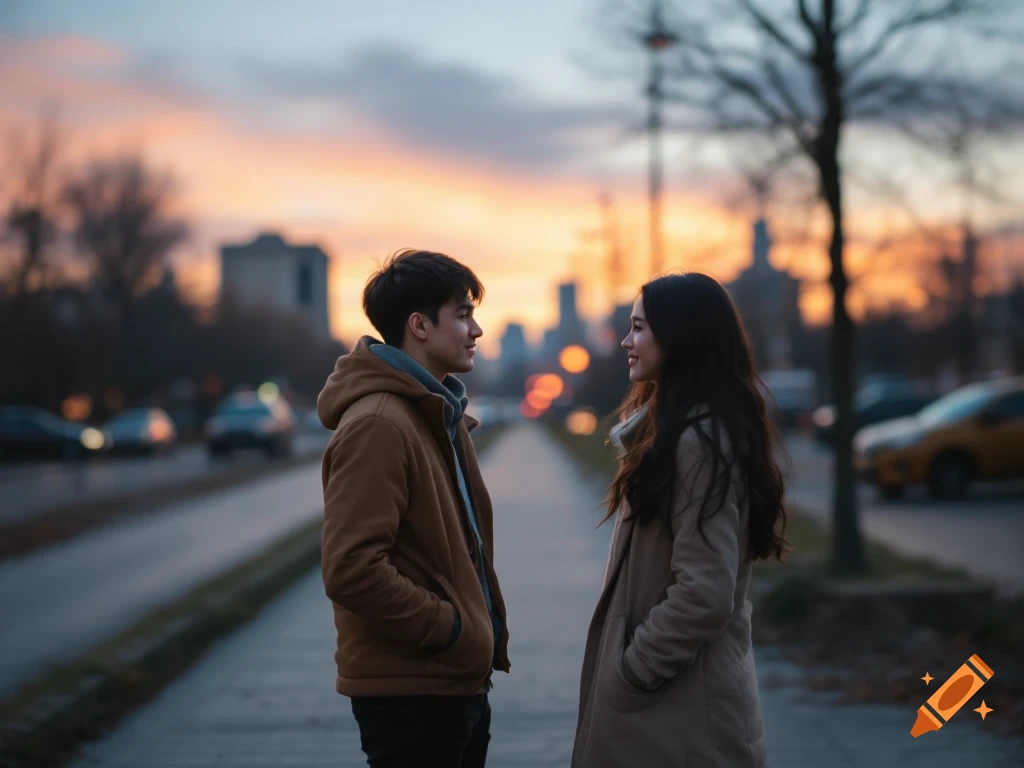 Two young people looking at each other on a city street at sunset.
