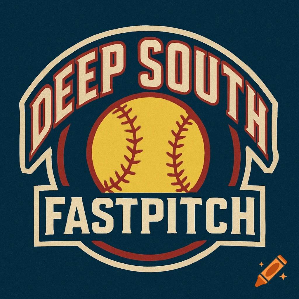 A sports logo for 'Deep South Fastpitch' featuring a yellow softball with red stitching on a dark blue background.