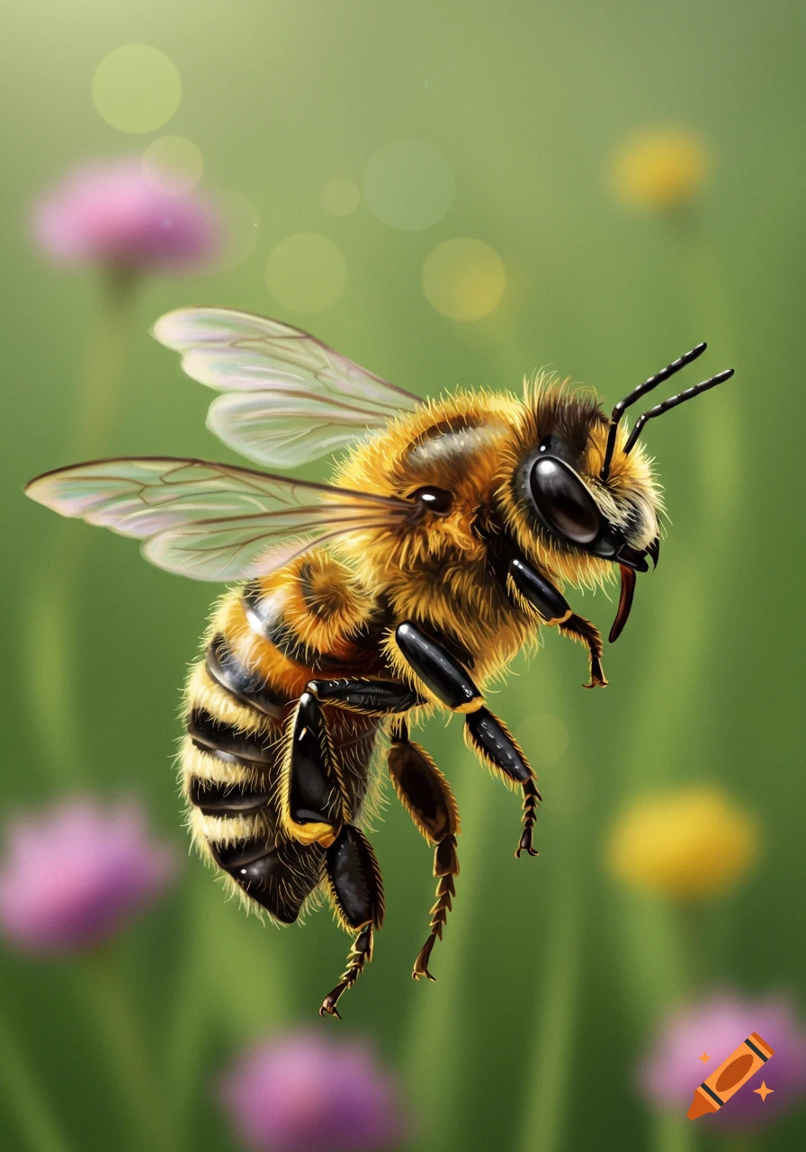 A detailed honeybee with furry yellow and black stripes hovers against a soft green background with blurred flowers.