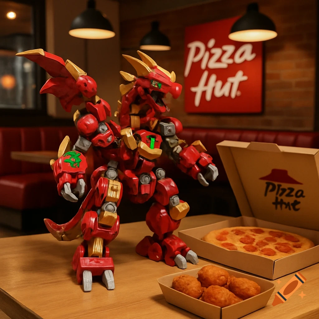 A red and gold robot dragon toy stands on a table next to a Pizza Hut pizza box and chicken nuggets inside a Pizza Hut restaurant.