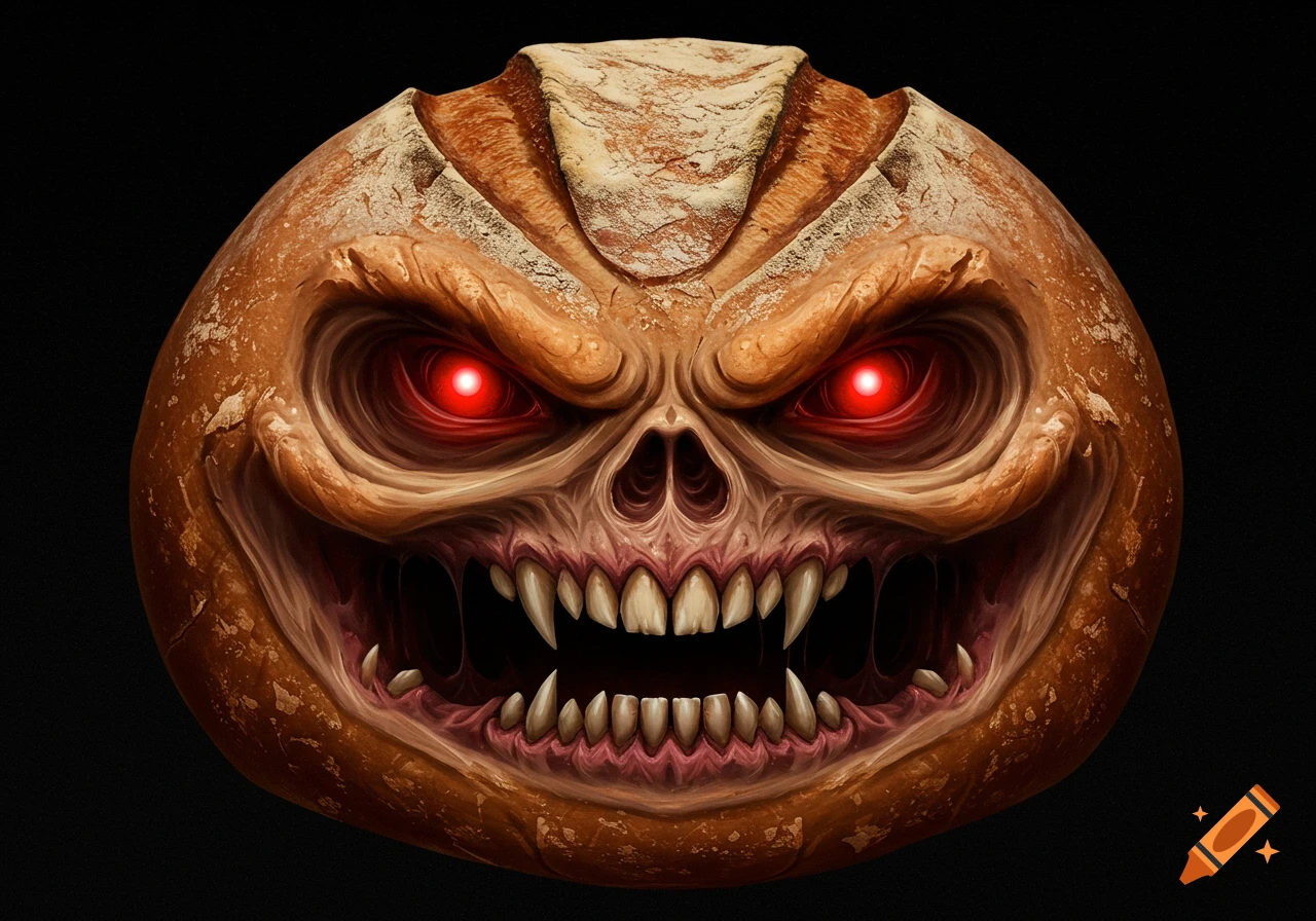 A close-up of a scary monster face made from a loaf of bread, featuring glowing red eyes and sharp fangs, set against a dark background.