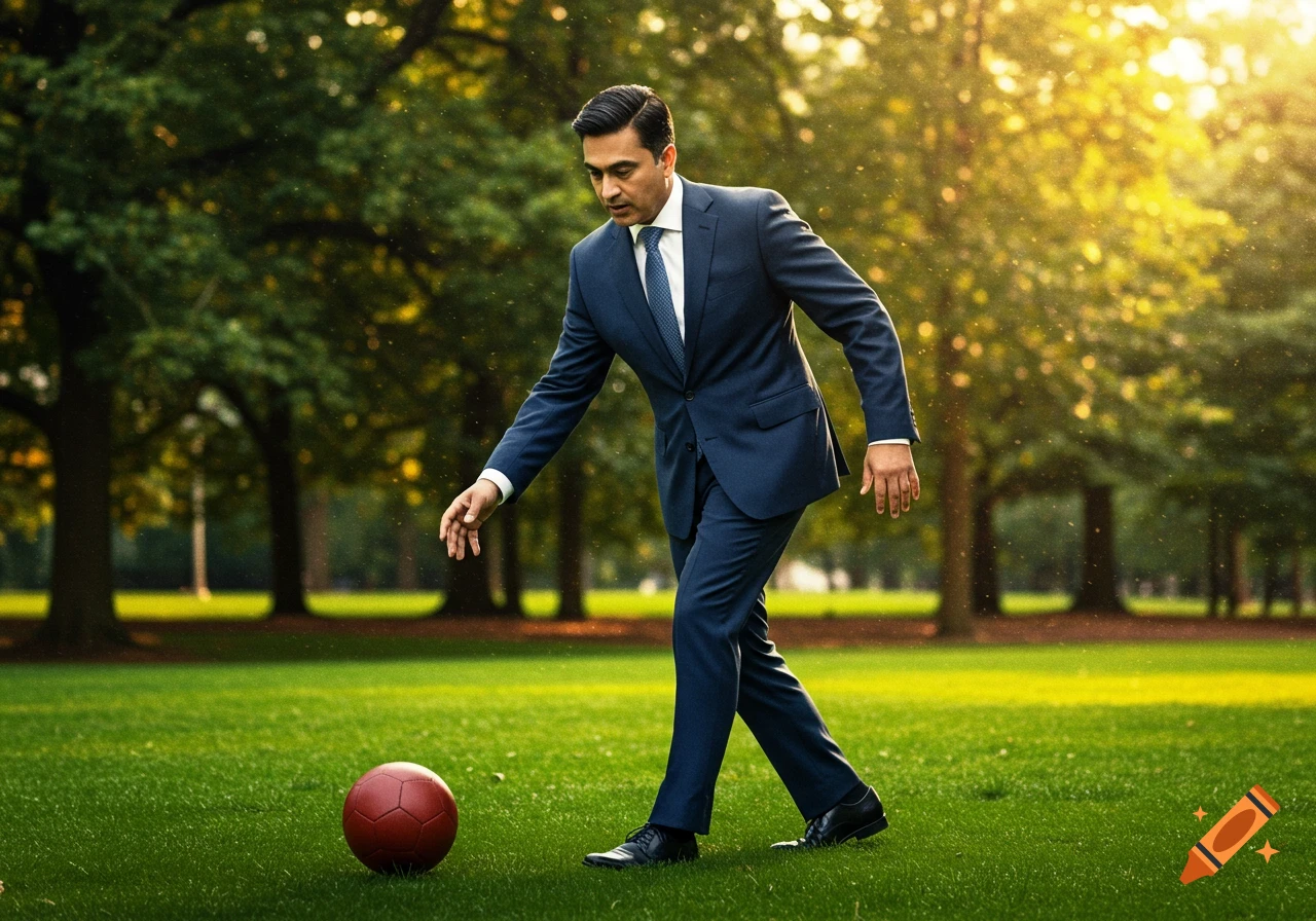 A businessman in a suit about to kick a red football on a grassy field in a sunny park.