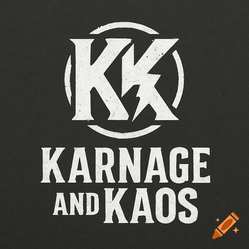 White distressed logo with the letters 'KK' inside a circle, above the words 'KARNAGE AND KAOS' on a dark background.