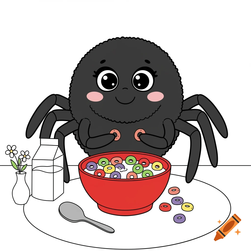 A cute cartoon spider with big eyes eating colorful cereal from a red bowl, with a milk carton and flowers on a white table.