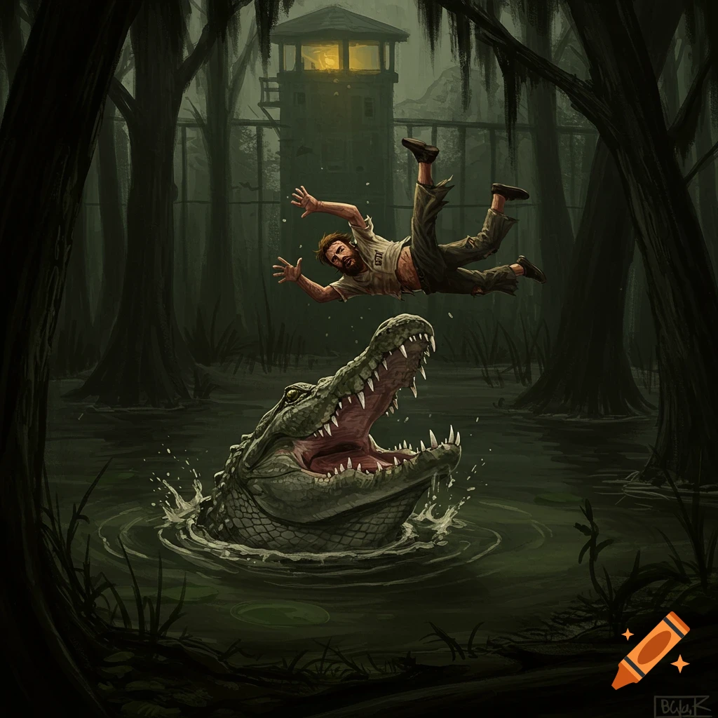 A man in torn clothes falls into the gaping mouth of a massive crocodile in a dark, murky swamp, with a distant watchtower under a gloomy sky, digital painting.