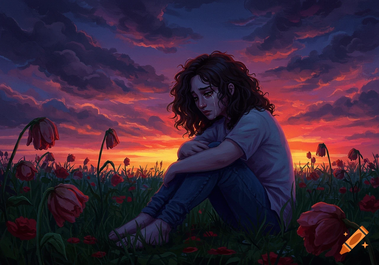 A sad person with curly hair sits in a field of wilted flowers at sunset, crying.