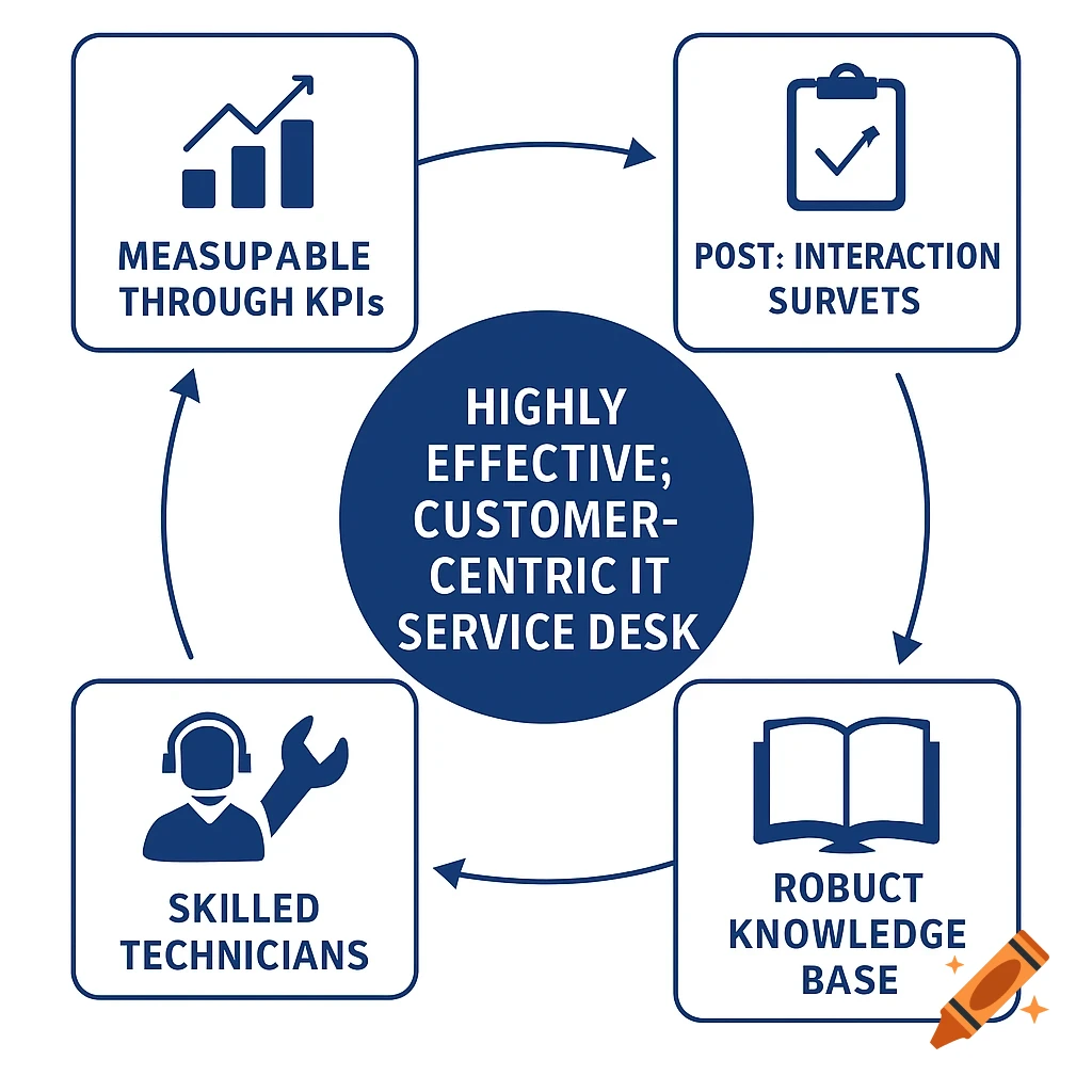 A dark blue and white diagram illustrating the components of a highly effective, customer-centric IT Service Desk.
