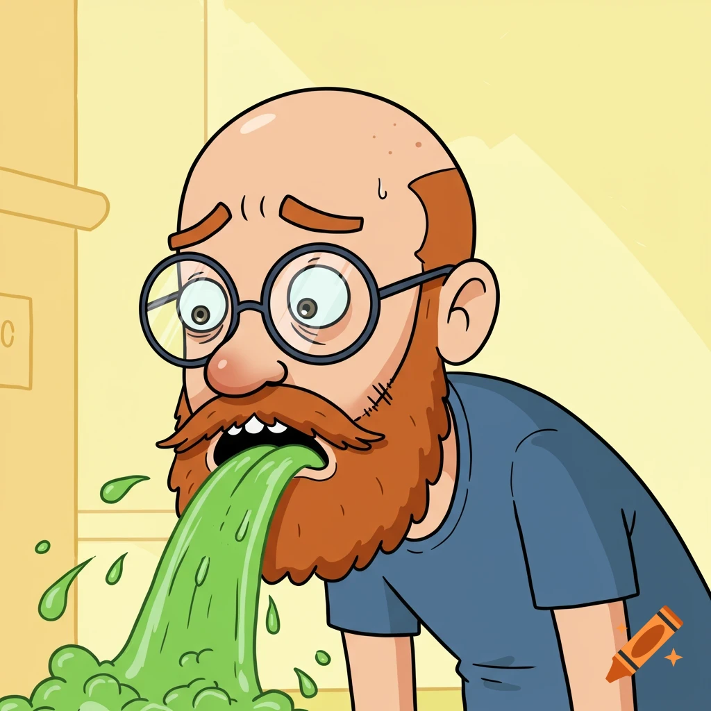 A bald, bearded man with glasses vomits green liquid in a cartoon style.