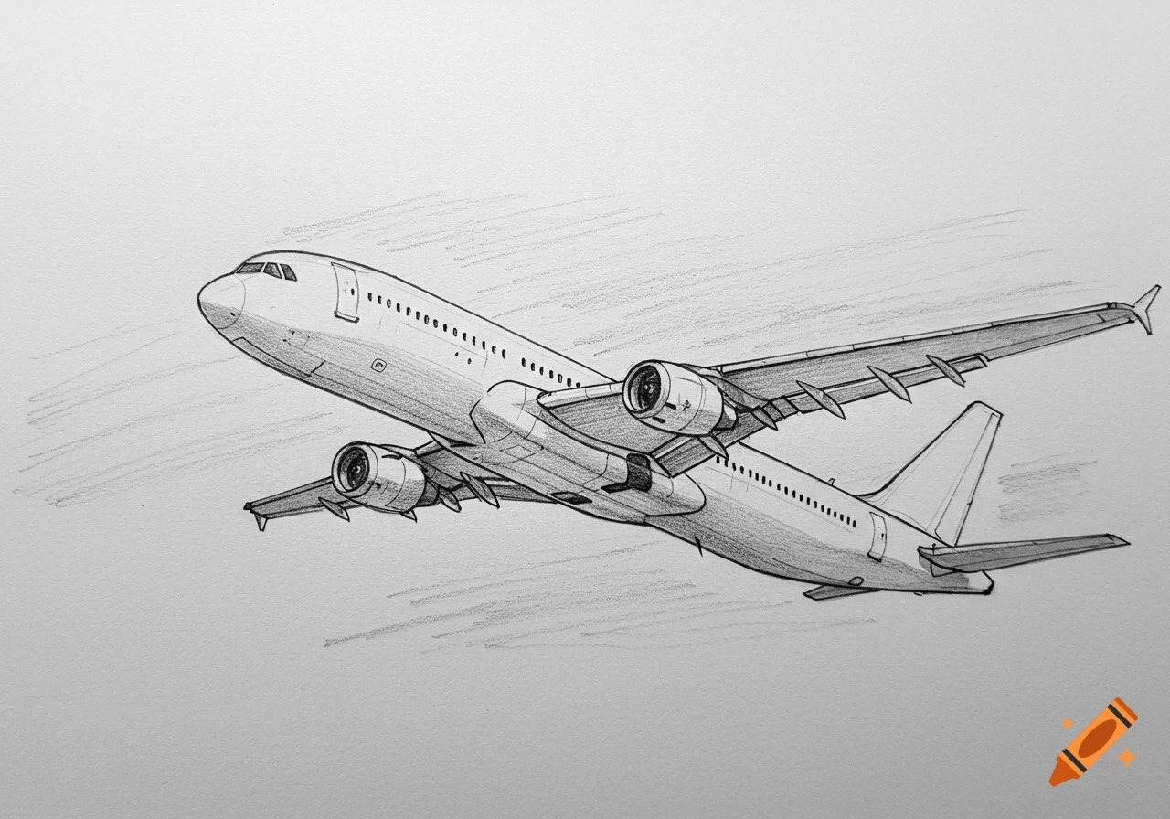 A black and white sketch of an airplane ascending into the sky.