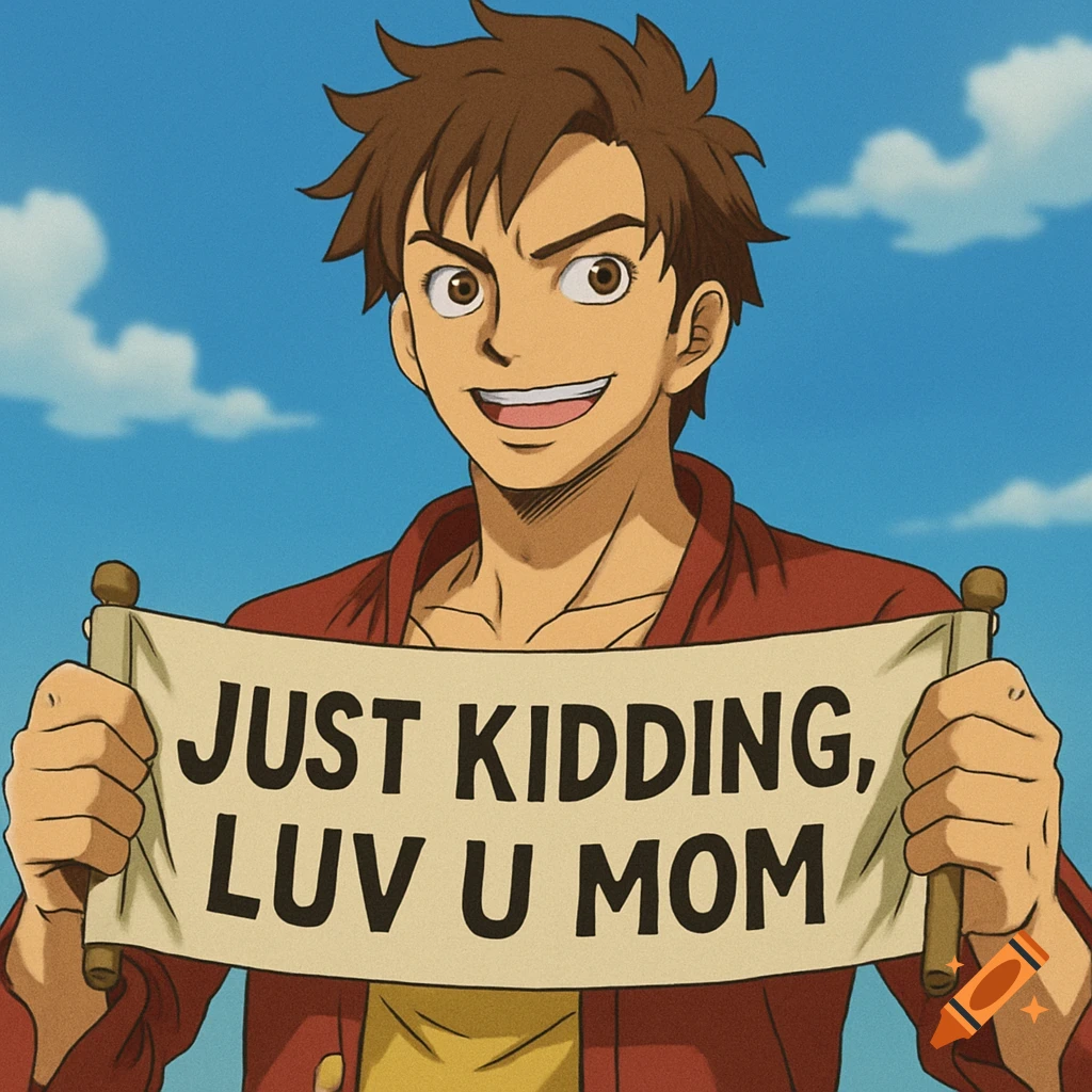 An anime character with brown hair smiles while holding a banner that reads 'JUST KIDDING, LUV U MOM' under a blue sky.