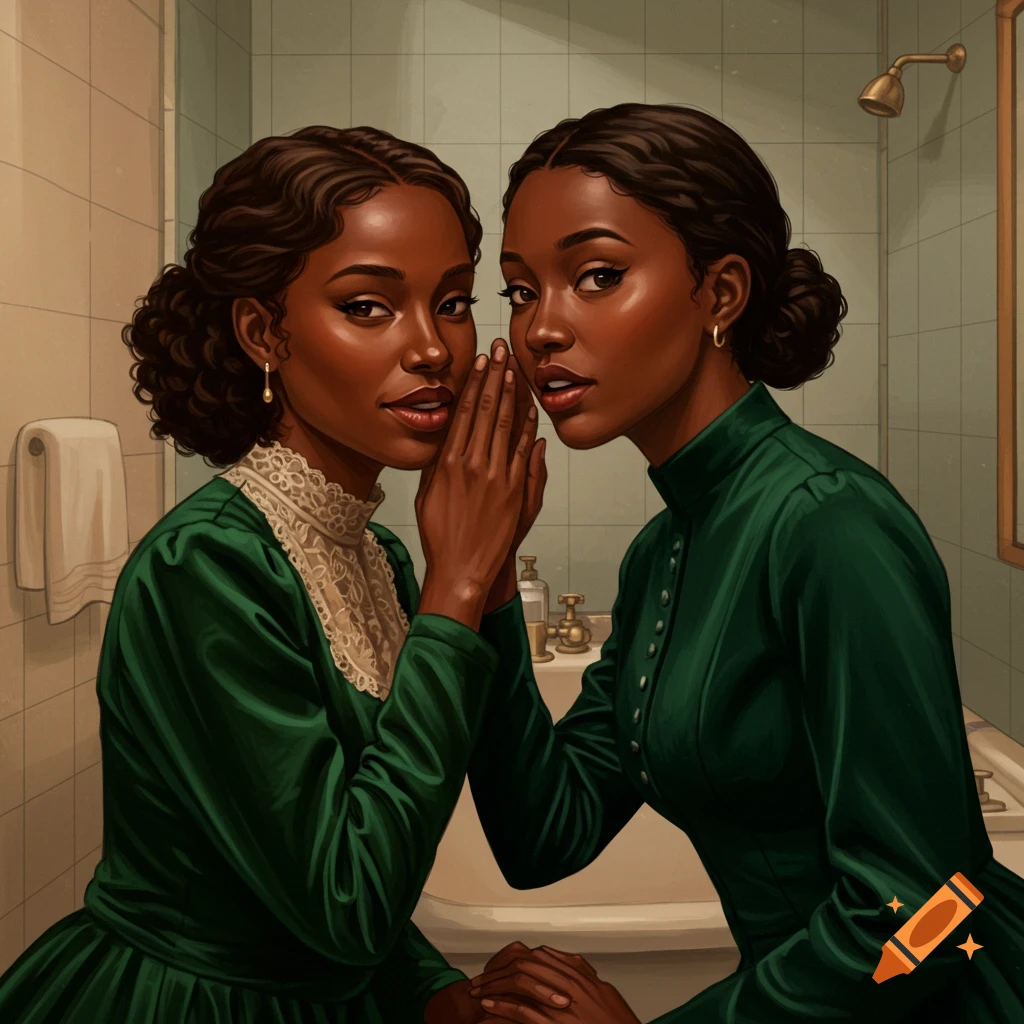 Two Black women in vintage green dresses, one whispering to the other, in a detailed vintage bathroom illustration.