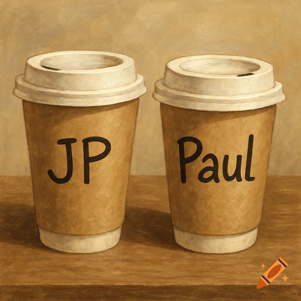 Two disposable coffee cups on a wooden surface, with 'JP' on the left and 'Paul' on the right, in a painterly style.