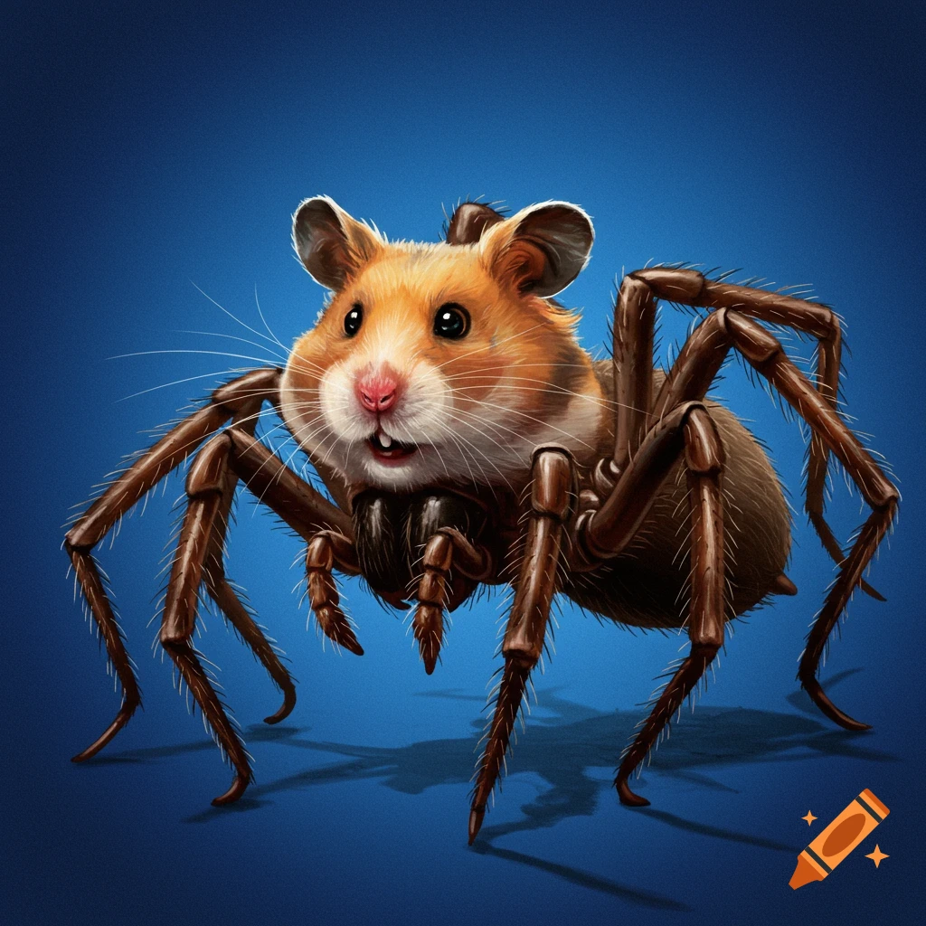 A creature with a hamster's head and a spider's body on a blue background.