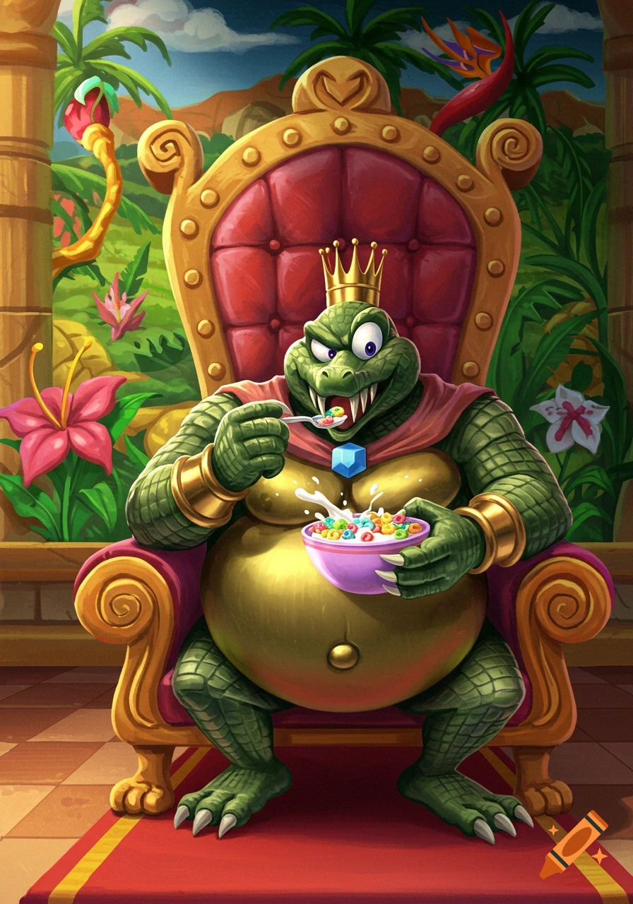 Vibrant cartoon illustration of King K. Rool, a green crocodile king with a crown, sitting on a golden throne and eating a bowl of colorful cereal in a jungle setting.