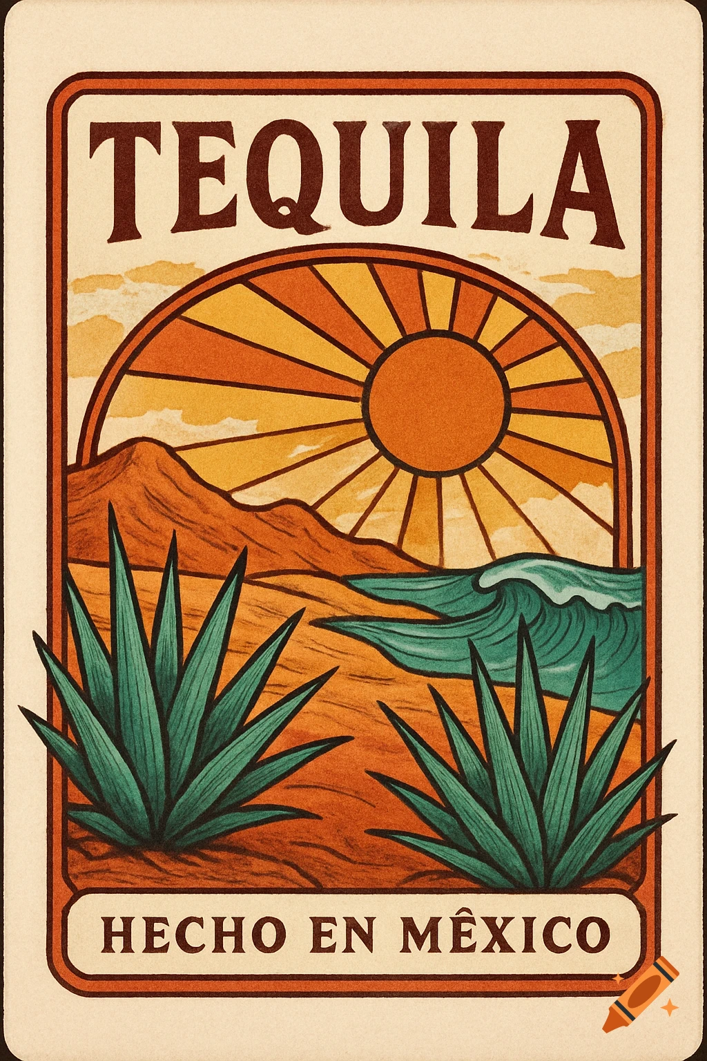 Vintage-style Tequila label illustration with agave plants, desert mountains, a sun, and ocean waves.