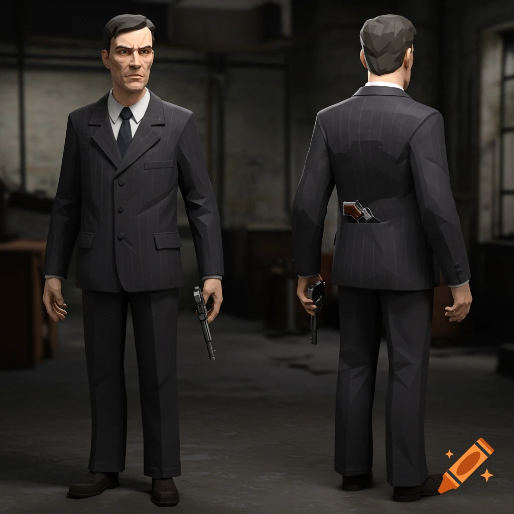A low poly PS1-style character of a man in a pinstripe suit holding a pistol, shown from front and back views.