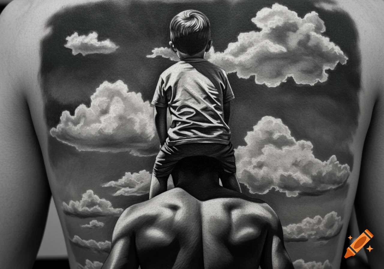 Black and white tattoo on a person's back showing a child on a father's shoulders looking out at clouds.