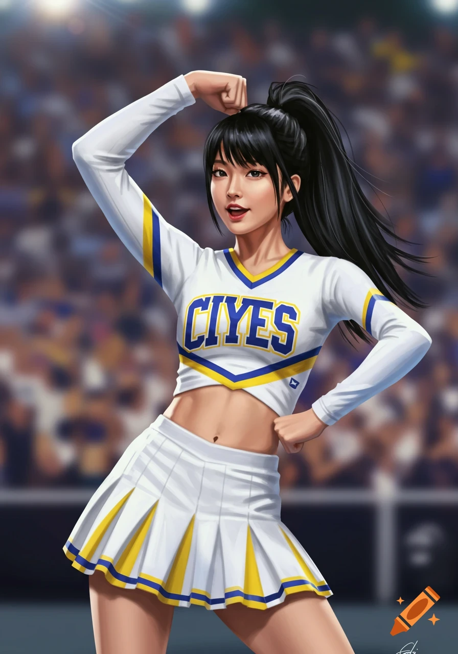 A digital illustration of a cheerleader in a white, yellow, and blue uniform with a skirt and black ponytail, striking a pose in a stadium.