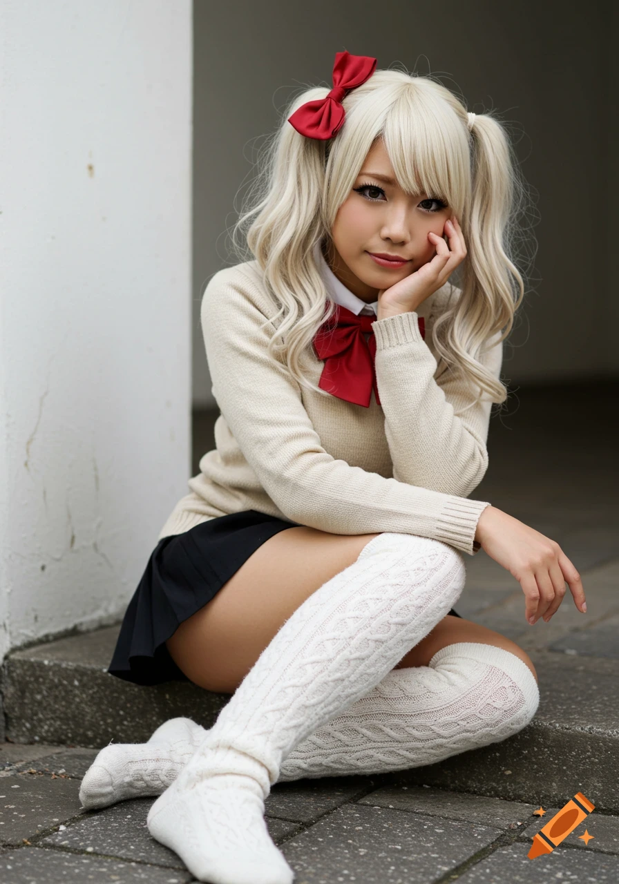 A young woman with blonde pigtails and a red bow, wearing a beige sweater, black skirt, and white leg warmers, sits with her hand on her cheek.