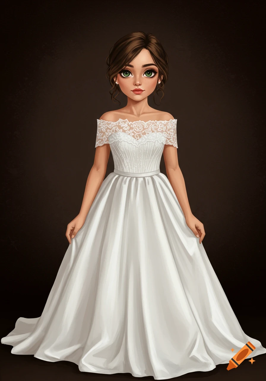 A cartoonish drawing of a woman in an off-the-shoulder white wedding dress with lace detail and a full skirt. She has brown hair and green eyes.