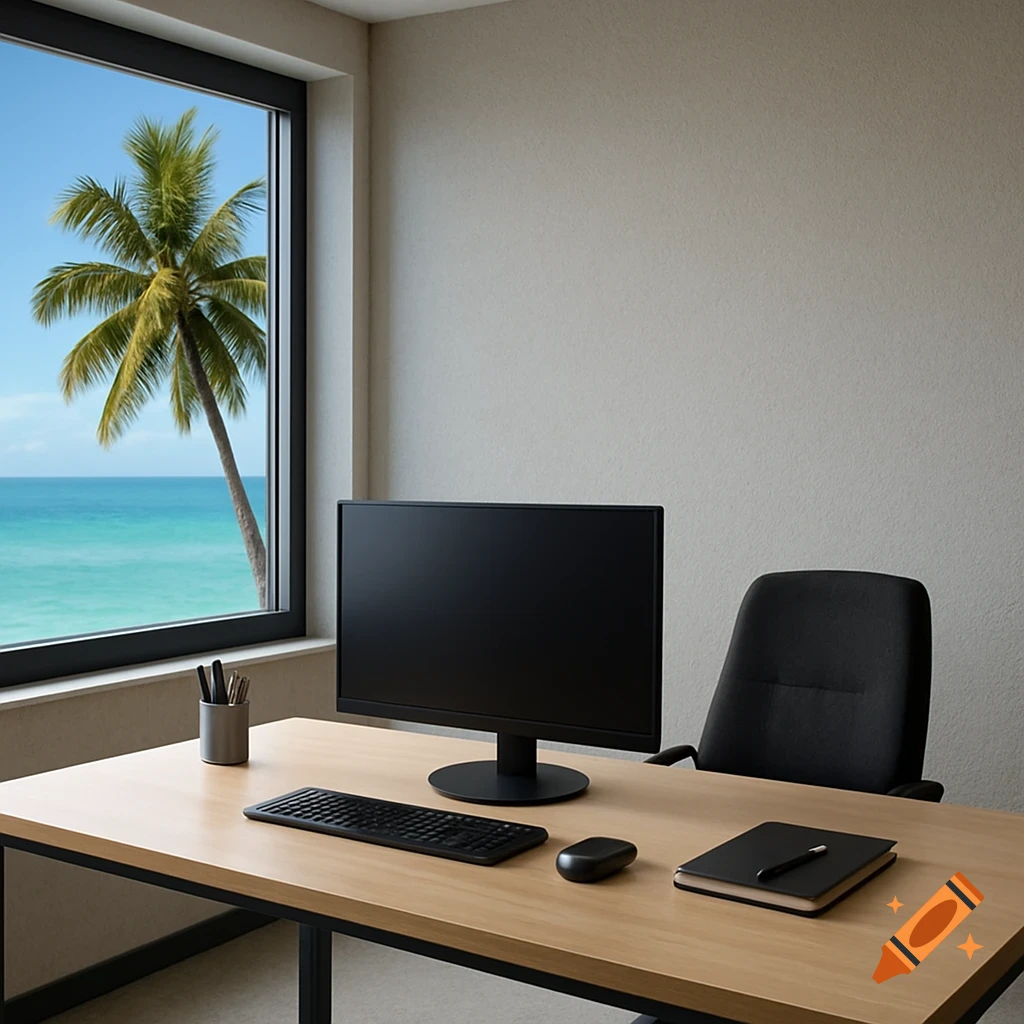 A modern office desk with a computer monitor, keyboard, and mouse, facing a window with a view of a palm tree and the turquoise ocean.