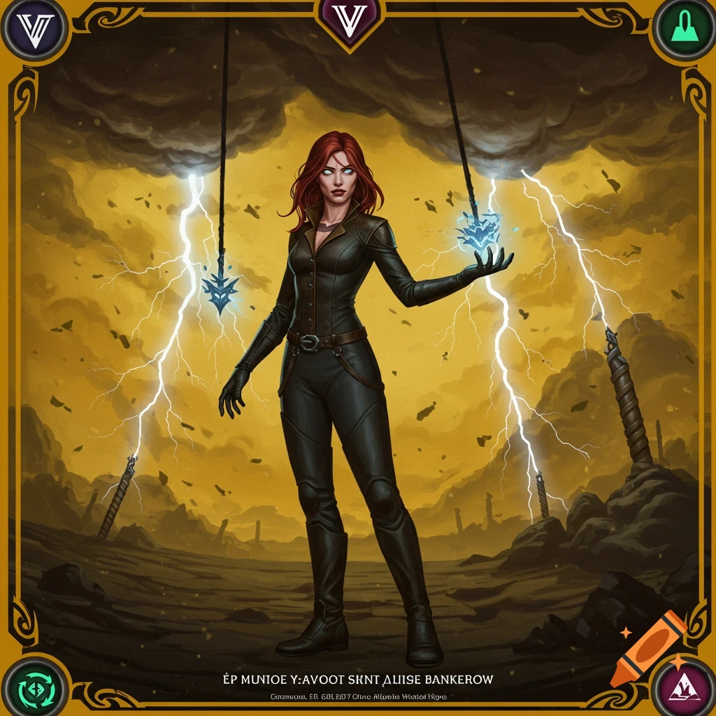 A powerful woman with red hair in a black leather suit stands in a stormy, barren landscape, conjuring lightning with her hand.