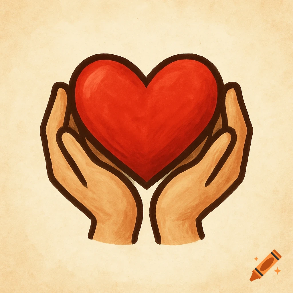 Illustration of two cupped hands holding a red heart on a textured background.