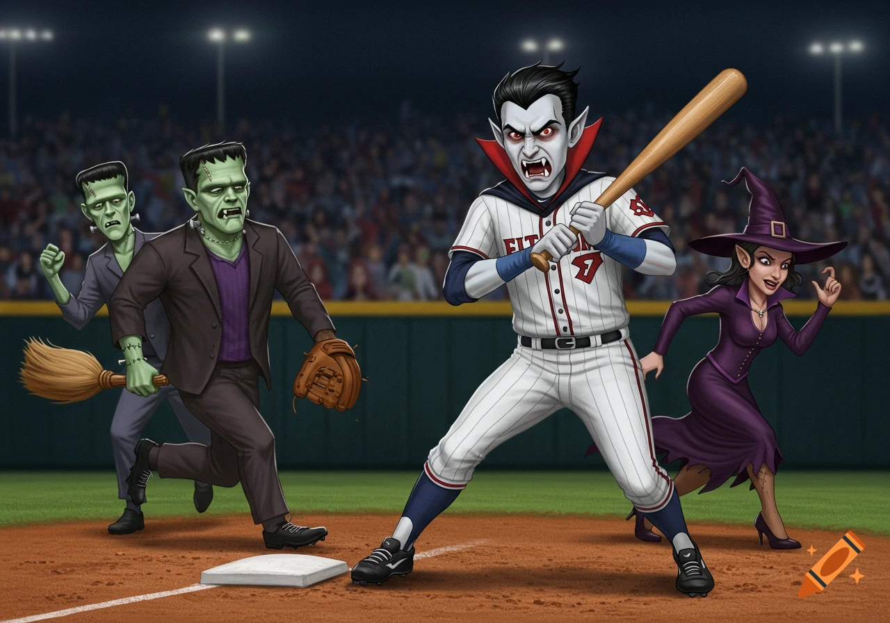 Cartoon of a vampire baseball player at bat, with Frankenstein's monster and a witch on the baseball field.