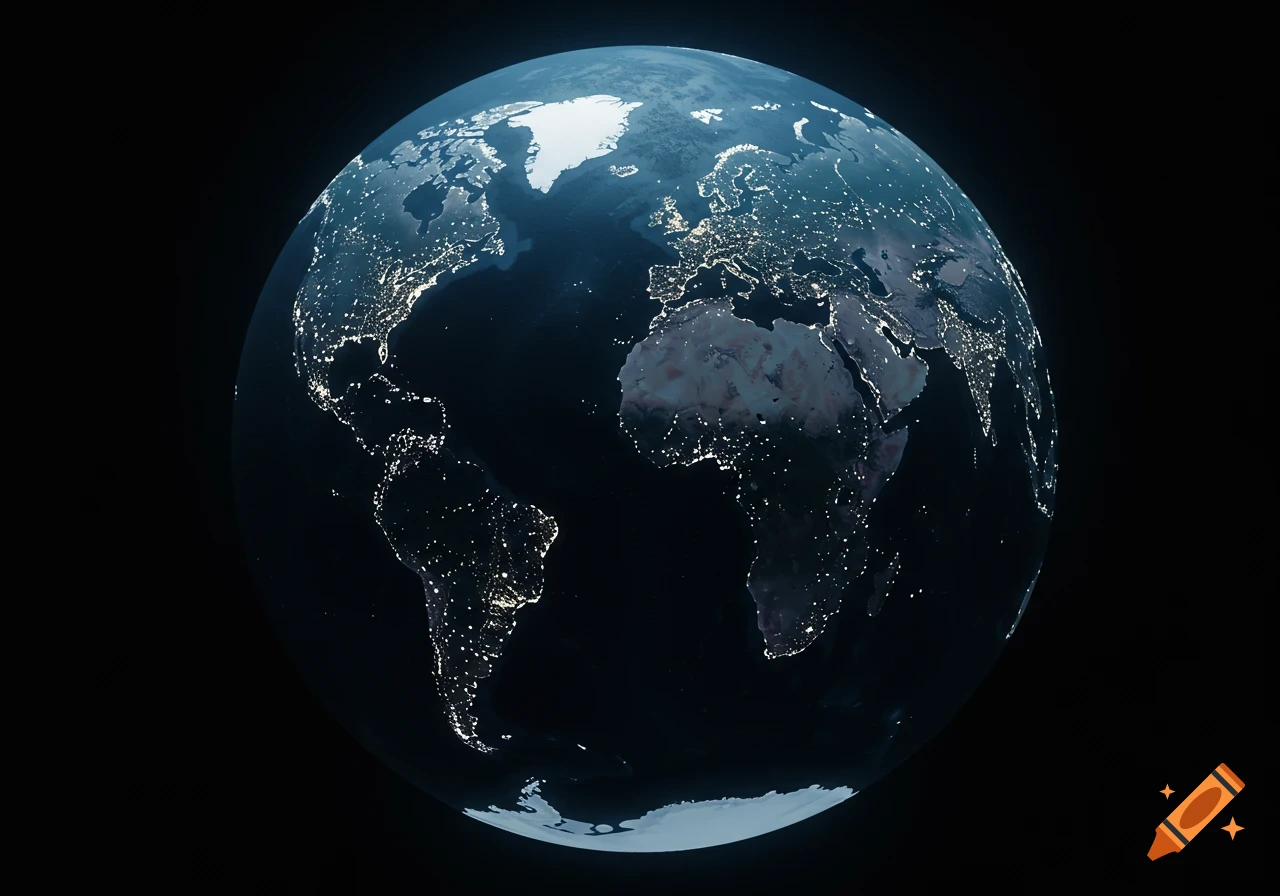 A detailed photorealistic view of Earth at night from space, with continents glowing from city lights.