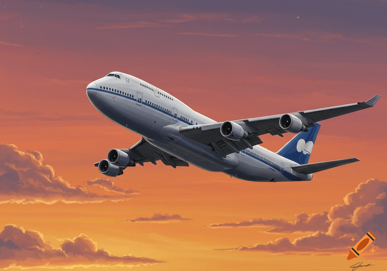 A large white Boeing 747 airplane flying upward into an orange and purple sunset sky with scattered clouds.
