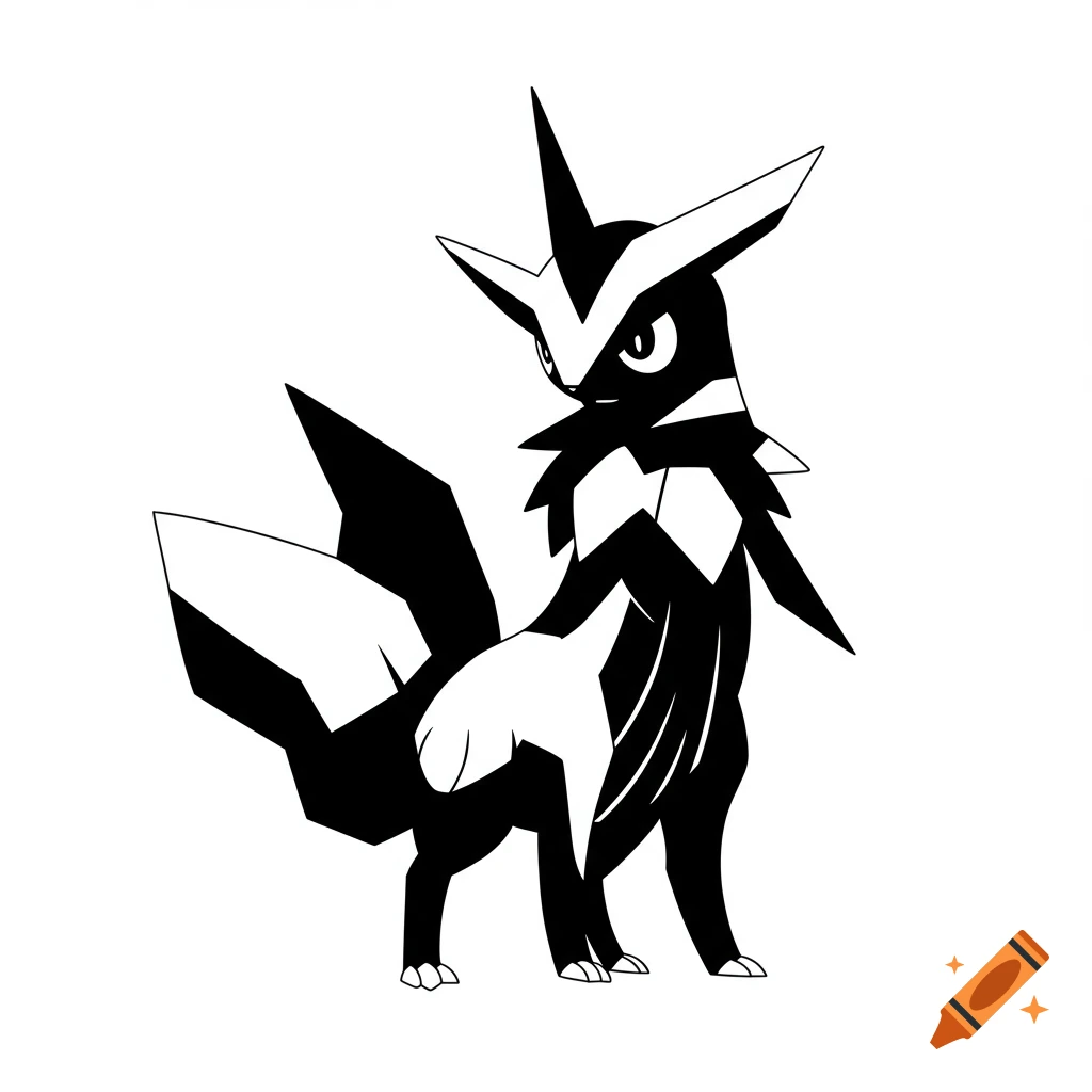A black and white stylized creature resembling a Pok ddmon, designed with negative space and art deco elements.