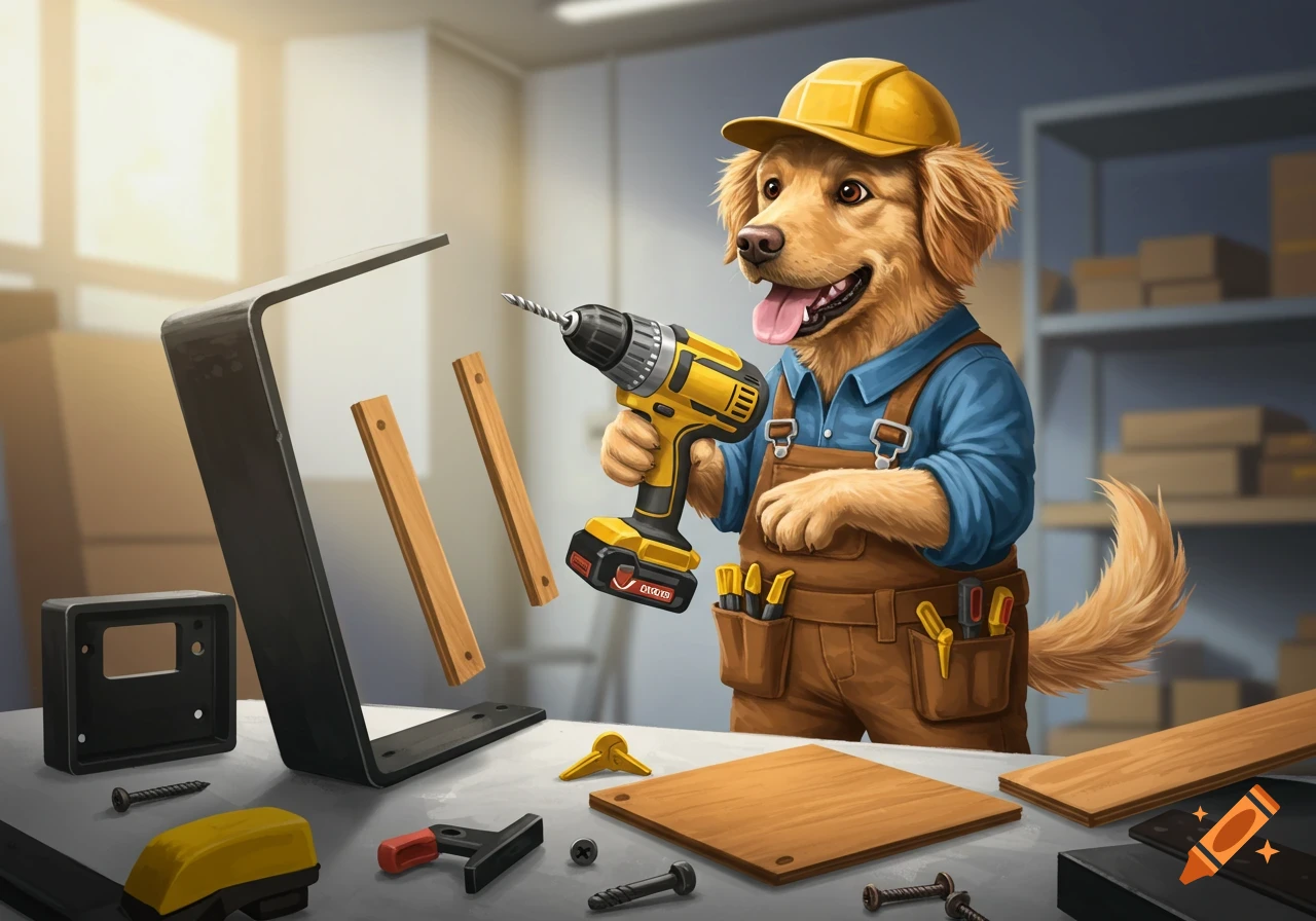 A cartoon golden retriever dog, wearing a hard hat and overalls, holds a power drill while assembling furniture.