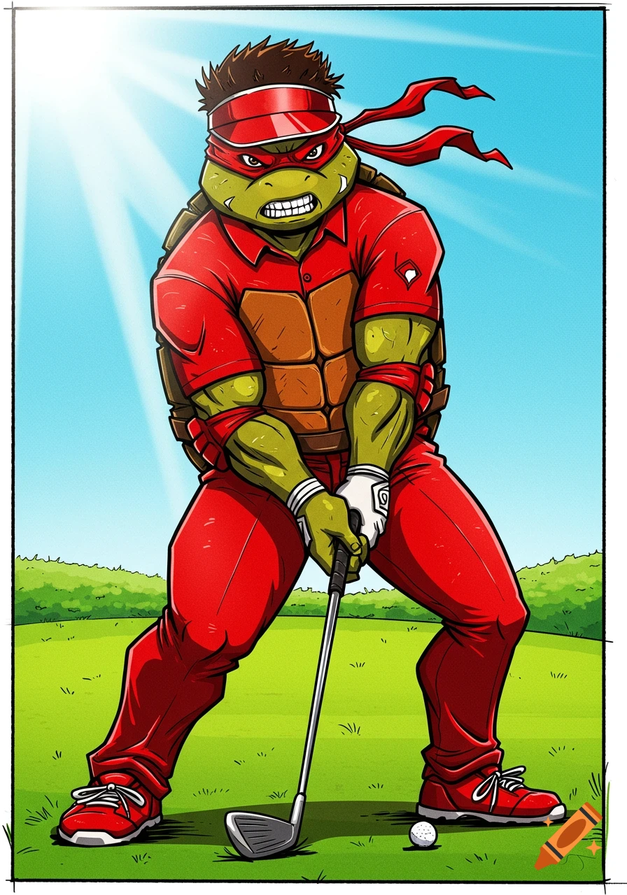 Cartoon illustration of Raphael from TMNT in a red golf outfit, intensely gripping a club on a golf course.