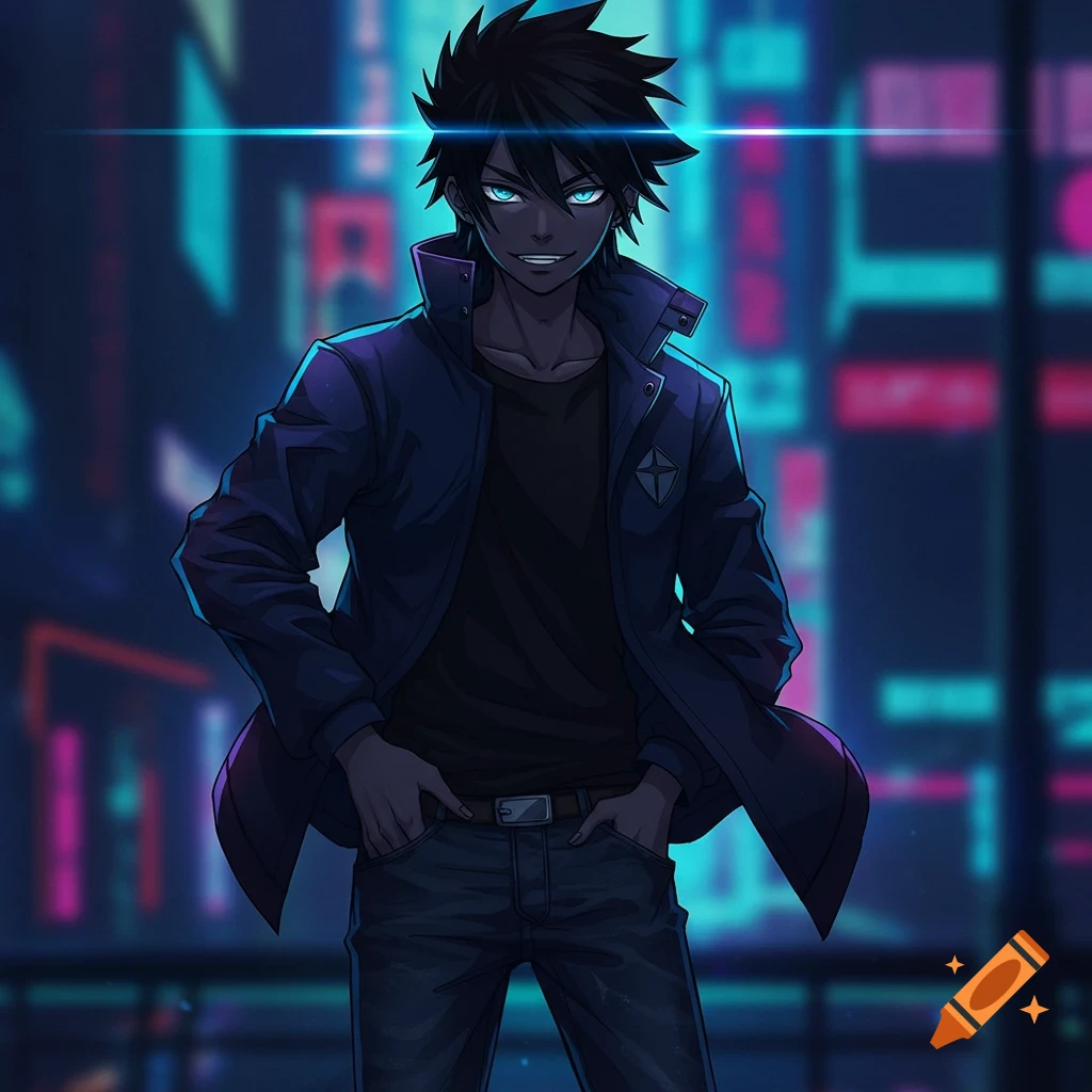 A dark-skinned anime boy with spiky black hair and glowing blue eyes, wearing a dark jacket, stands in a neon-lit night city.