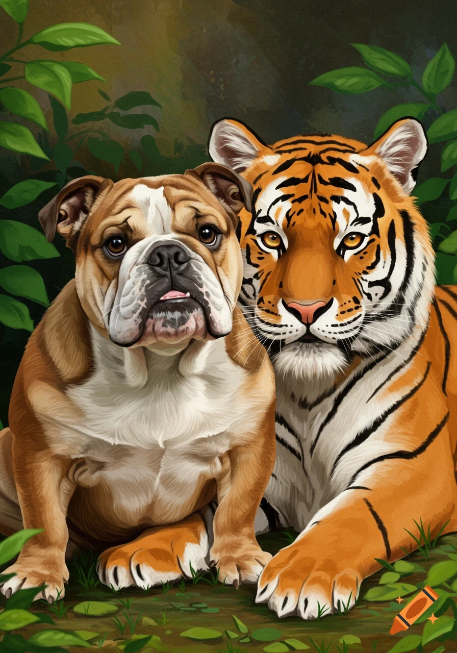 An English bulldog and a Bengal tiger sitting together amidst green foliage, in a vibrant painted style.
