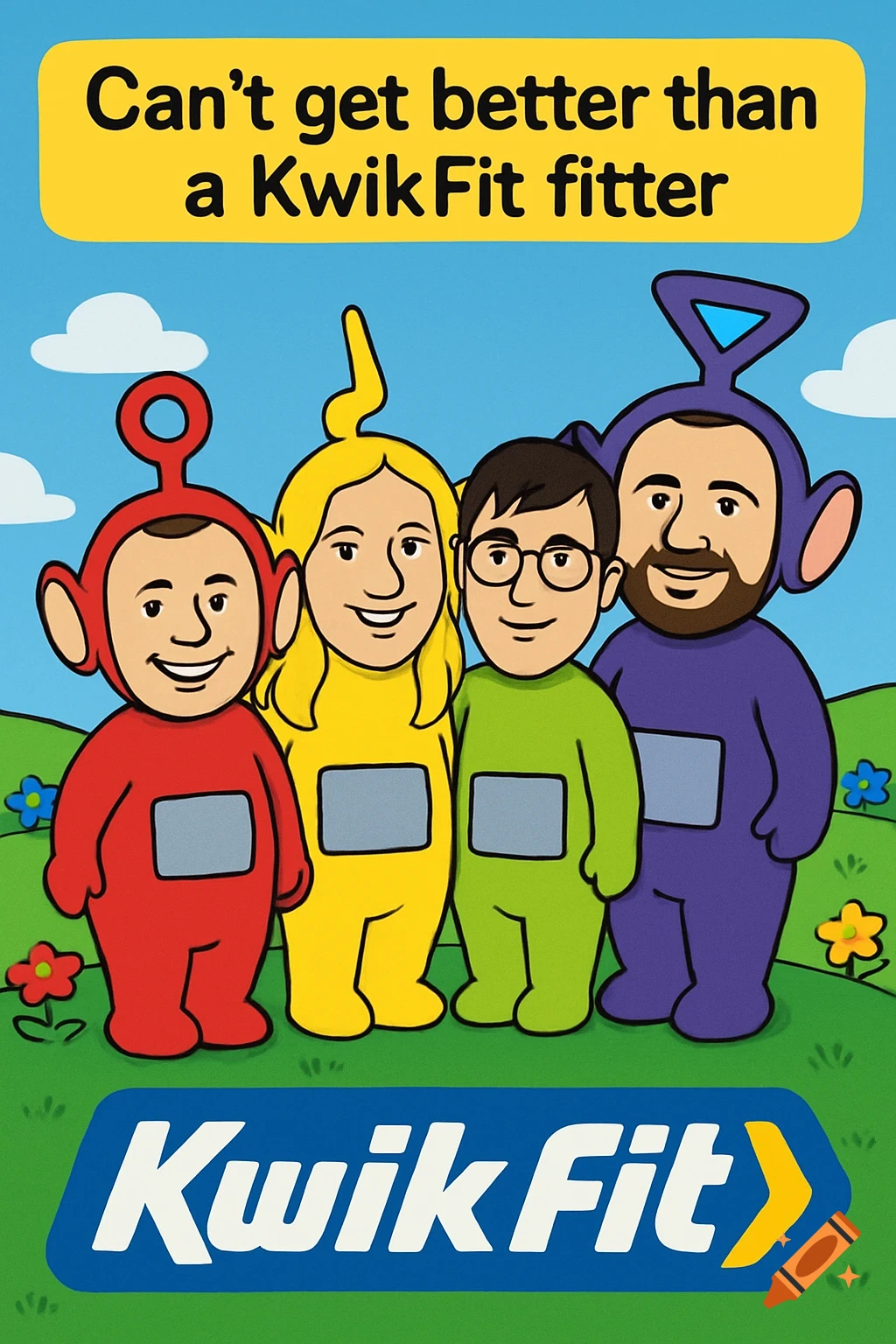 Cartoon parody of four Teletubbies with human faces standing on a grassy hill under text that reads 'Can't get better than a KwikFit fitter' and 'KwikFit'.