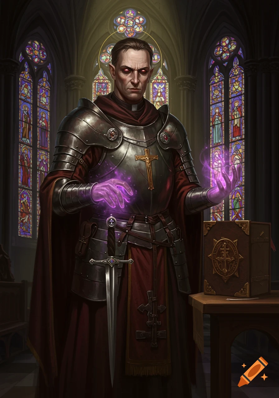 A grim cleric/warlock in plate armor and a cassock stands in a church ...