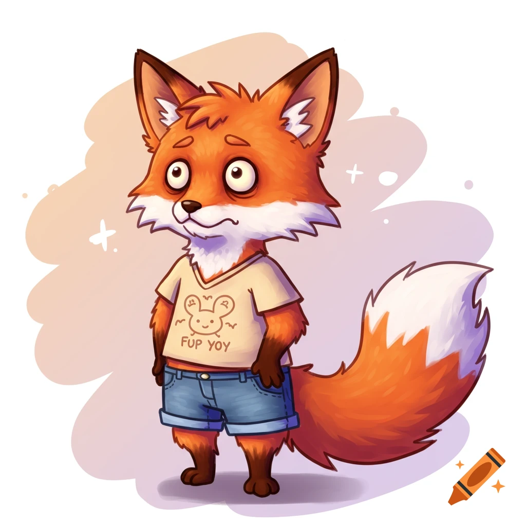 A cartoon fox with large, derpy eyes wears a beige t-shirt and denim shorts, standing against a soft pink and purple background.