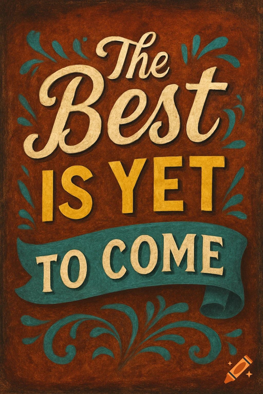A textured, hand-drawn style motivational poster with the phrase 'The Best IS YET TO COME' in beige and yellow fonts on a dark reddish-brown background with teal flourishes.