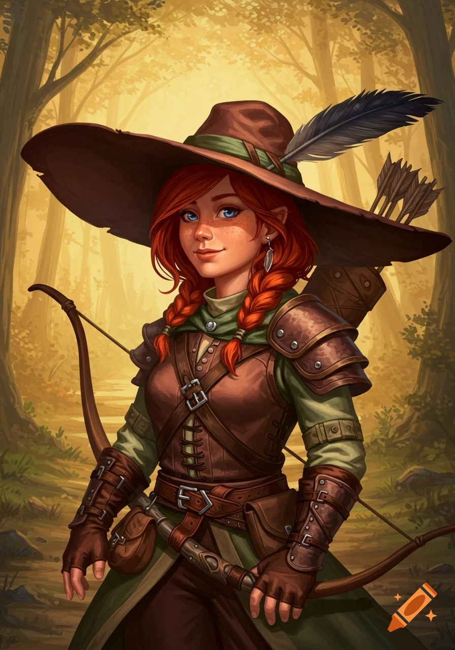 Red-haired female halfling ranger with a feathered hat and bow in a forest, digital art.