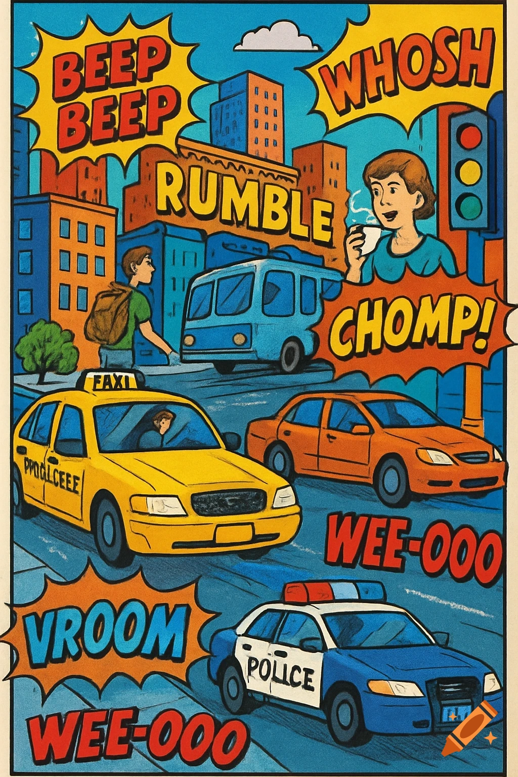 A colorful comic art style poster of a busy city street with cars, a bus, and pedestrians, featuring onomatopoeia words like "BEEP BEEP" and "VROOM."
